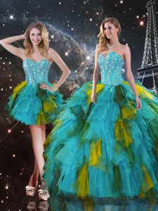 New Style Floor Length Multi-color Quinceanera Dress Tulle Sleeveless Beading and Ruffles