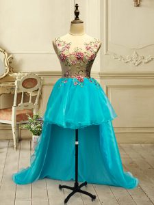 Excellent Embroidery Prom Evening Gown Baby Blue Lace Up Sleeveless High Low