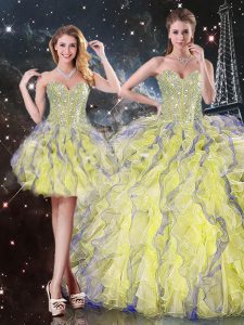Floor Length Lace Up Vestidos de Quinceanera Yellow for Military Ball and Sweet 16 and Quinceanera with Beading and Ruff