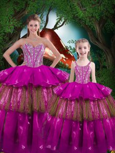 Decent Fuchsia Ball Gowns Beading and Ruffled Layers Ball Gown Prom Dress Lace Up Organza Sleeveless Floor Length