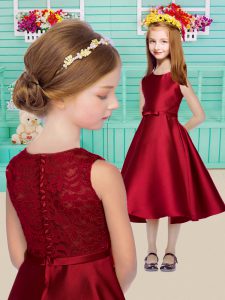 Sweet Wine Red A-line Lace and Bowknot Flower Girl Dresses for Less Clasp Handle Satin Sleeveless Tea Length