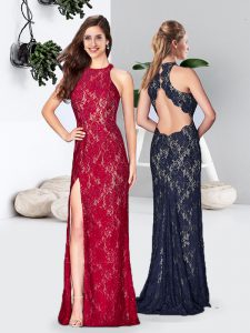 Lace Halter Top Sleeveless Sweep Train Backless Lace Prom Dresses in Red