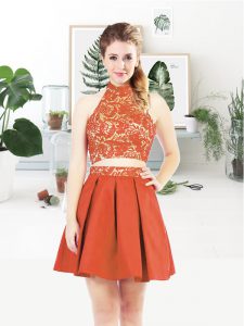 Stunning Rust Red Halter Top Lace Up Lace Evening Dress Sleeveless