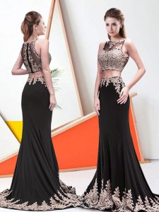 Black Two Pieces Elastic Woven Satin Scoop Sleeveless Appliques and Embroidery Zipper Prom Dresses Brush Train