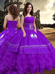 Top Selling Purple Sleeveless Embroidery and Ruffled Layers Floor Length Quinceanera Gowns