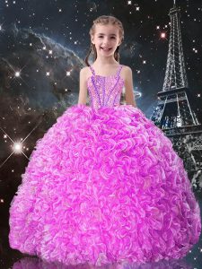 Best Sleeveless Floor Length Beading and Ruffles Lace Up Kids Formal Wear with Fuchsia