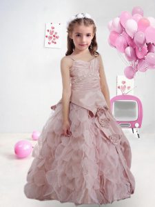 Pretty Pink Lace Up Spaghetti Straps Ruffles and Pick Ups and Hand Made Flower Kids Pageant Dress Organza Sleeveless