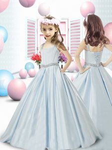 Light Blue Sleeveless Floor Length Beading Lace Up Pageant Dress Toddler