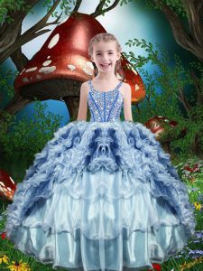 Straps Sleeveless Lace Up Pageant Gowns For Girls Baby Blue Organza
