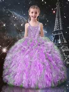 Lilac Sleeveless Organza Lace Up Little Girl Pageant Dress for Quinceanera and Wedding Party
