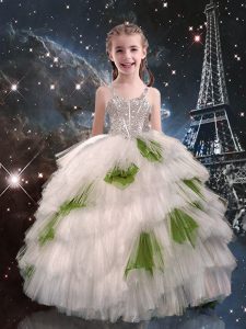 Excellent White Straps Lace Up Beading and Ruffled Layers Kids Pageant Dress Sleeveless