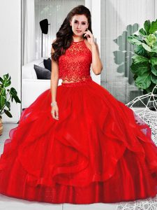 Tulle Sleeveless Floor Length Sweet 16 Dress and Lace and Ruffles