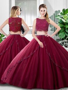 Fitting Burgundy Two Pieces Scoop Sleeveless Tulle Floor Length Zipper Lace and Ruching Quinceanera Dresses