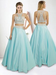 Artistic High-neck Sleeveless Prom Party Dress Floor Length Beading Light Blue Satin