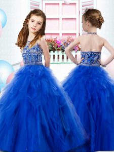 Royal Blue Halter Top Zipper Beading and Ruffled Layers Pageant Dress Womens Sleeveless