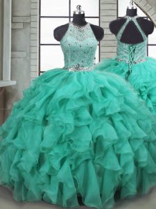 Turquoise Scoop Lace Up Beading and Ruffles Quinceanera Dress Brush Train Sleeveless