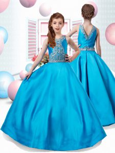 Baby Blue A-line Scoop Sleeveless Satin Floor Length Zipper Beading Pageant Dress for Teens