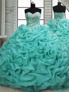 Shining Sleeveless Brush Train Beading and Pick Ups Lace Up Quinceanera Gowns
