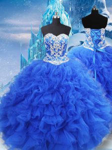 New Style Sleeveless Floor Length Beading and Ruffles Lace Up Quinceanera Gown with Blue
