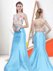 Aqua Blue Sleeveless Lace and Embroidery Floor Length Homecoming Dress