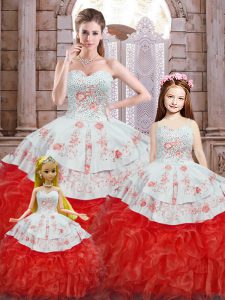 Sleeveless Organza Floor Length Lace Up Vestidos de Quinceanera in White And Red with Beading and Appliques and Ruffles