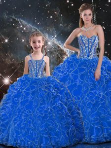 Blue Ball Gowns Sweetheart Sleeveless Organza Floor Length Lace Up Beading and Ruffles Sweet 16 Dress