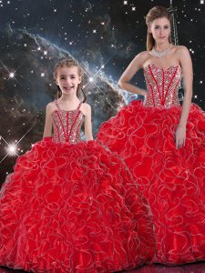 Wine Red Sleeveless Organza Lace Up Quinceanera Gowns for Military Ball and Sweet 16 and Quinceanera