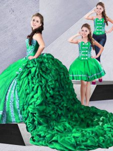 Green Taffeta Lace Up Quinceanera Dress Sleeveless Chapel Train Embroidery and Pick Ups