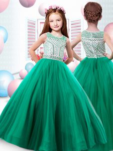 Customized Dark Green Tulle Zipper Scoop Sleeveless Floor Length Little Girl Pageant Dress Beading