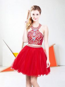 Red Two Pieces Organza Halter Top Sleeveless Beading and Ruffled Layers Mini Length Backless Prom Dress