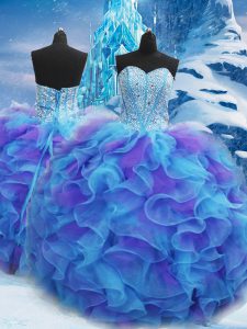 Glamorous Blue Organza Lace Up 15th Birthday Dress Sleeveless Floor Length Beading and Ruffles