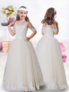 Traditional Floor Length Champagne Flower Girl Dresses for Less Scoop Short Sleeves Lace Up