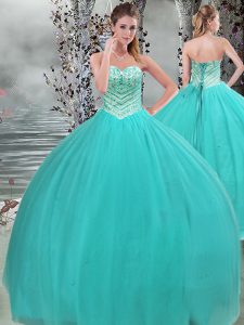 Shining Sweetheart Sleeveless Quinceanera Dress Floor Length Beading Turquoise Tulle