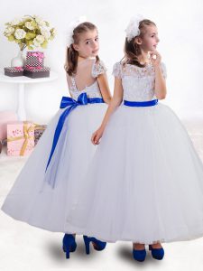 Short Sleeves Ankle Length Lace Clasp Handle Little Girls Pageant Dress with White