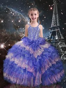 Lilac Straps Lace Up Beading and Ruffled Layers Kids Formal Wear Sleeveless