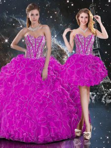 Modern Fuchsia Organza Lace Up Sweetheart Sleeveless Floor Length Quince Ball Gowns Beading and Ruffles