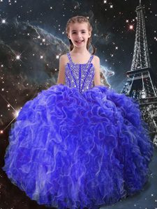 Eggplant Purple Organza Lace Up Little Girl Pageant Gowns Sleeveless Floor Length Beading and Ruffles