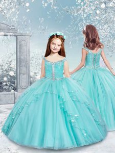 Unique Aqua Blue Ball Gowns Tulle V-neck Sleeveless Beading Floor Length Lace Up Custom Made Pageant Dress