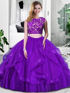Purple Sleeveless Tulle Zipper 15 Quinceanera Dress for Military Ball and Sweet 16 and Quinceanera