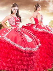 Ball Gowns Sleeveless Red Quinceanera Gowns Brush Train Lace Up