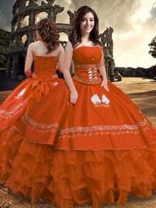 Strapless Sleeveless Quinceanera Dress Floor Length Embroidery and Ruffled Layers Rust Red Taffeta