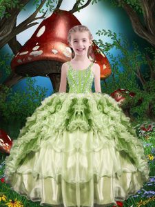Simple Straps Short Sleeves Little Girls Pageant Gowns Floor Length Beading and Ruffles and Ruffled Layers Yellow Green 