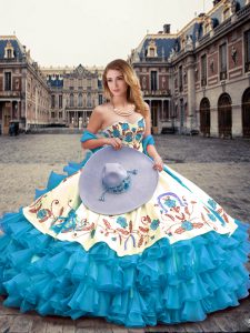 Glamorous Aqua Blue Sleeveless Floor Length Embroidery and Ruffled Layers Lace Up Sweet 16 Dress