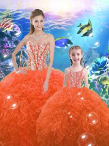 Trendy Floor Length Lace Up Ball Gown Prom Dress Orange Red for Military Ball and Sweet 16 and Quinceanera with Beading 