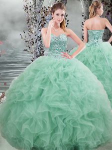 Apple Green Ball Gowns Organza Sweetheart Sleeveless Beading and Ruffles Floor Length Lace Up Ball Gown Prom Dress