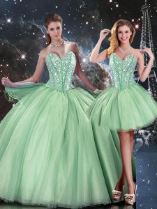Floor Length Lace Up Quinceanera Gowns Apple Green for Military Ball and Sweet 16 and Quinceanera with Beading