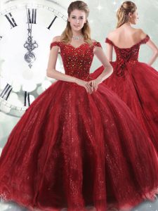 Excellent Off The Shoulder Sleeveless Brush Train Lace Up Ball Gown Prom Dress Wine Red Tulle