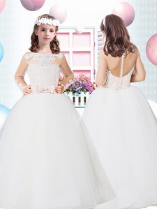 Customized Floor Length Ball Gowns Long Sleeves White Girls Pageant Dresses Clasp Handle