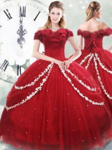 Appliques and Pick Ups Sweet 16 Dresses Wine Red Lace Up Sleeveless Brush Train