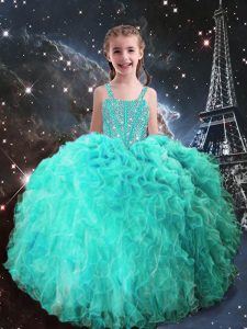 Customized Straps Sleeveless Lace Up Little Girls Pageant Gowns Turquoise Organza